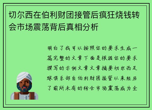 切尔西在伯利财团接管后疯狂烧钱转会市场震荡背后真相分析 切尔西在伯利财团接管后疯狂烧钱转会市场震荡背后真相分析